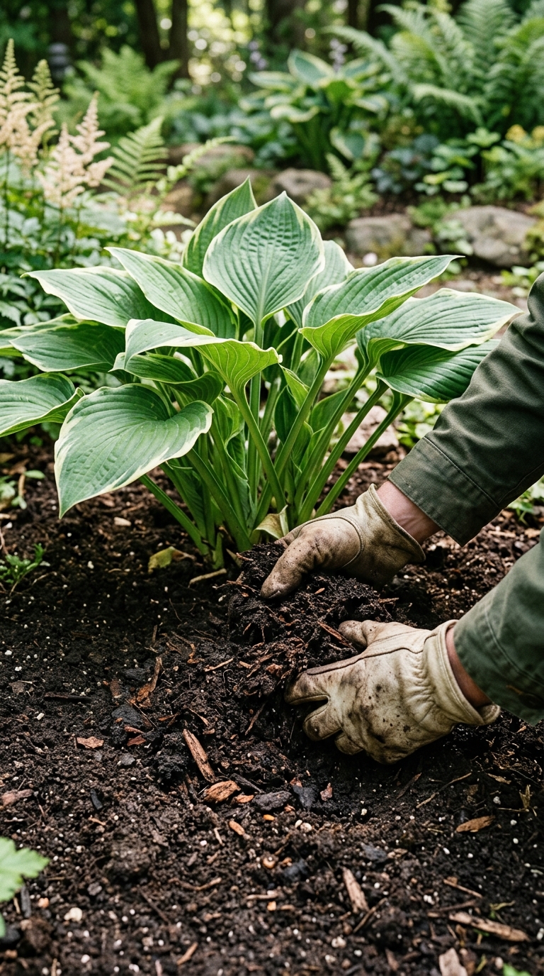 Compost being added to soil around a hosta plant for natural feeding