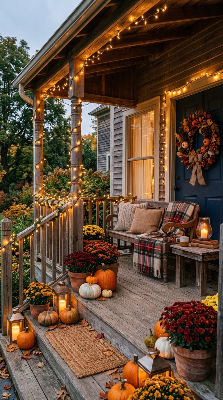Warm white string lights wrapped along a fall farmhouse porch railing