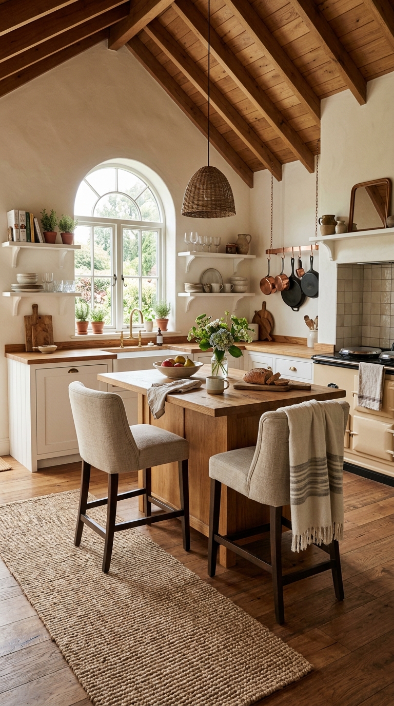 Cozy vaulted ceiling kitchen styled with textiles and warm wood tones