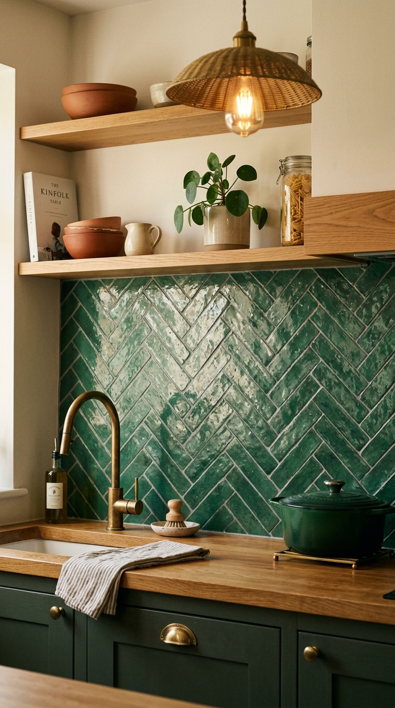 Emerald green zellige herringbone backsplash with handmade texture