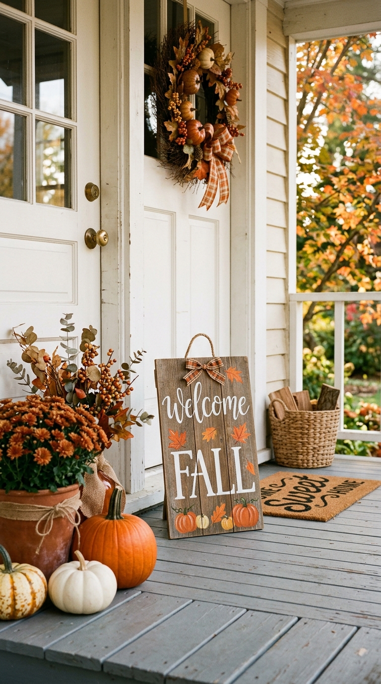 Small fall welcome sign styled on a compact front porch entrance.