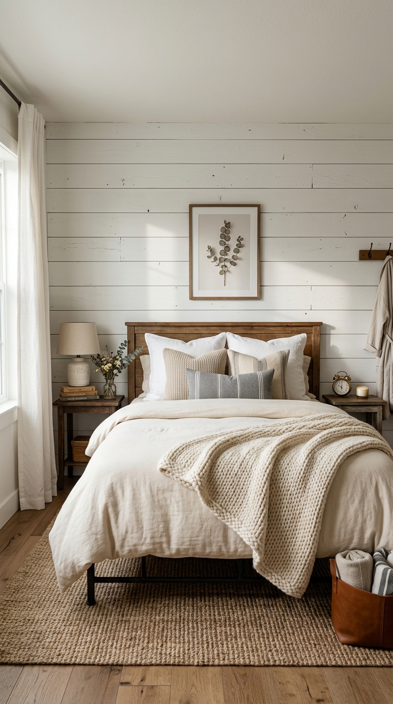 White shiplap accent wall behind a bed in a cozy farmhouse bedroom