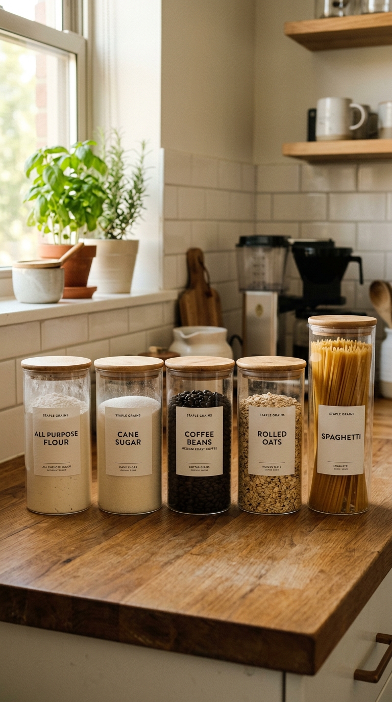 Matching glass canisters styled on an apartment kitchen counter