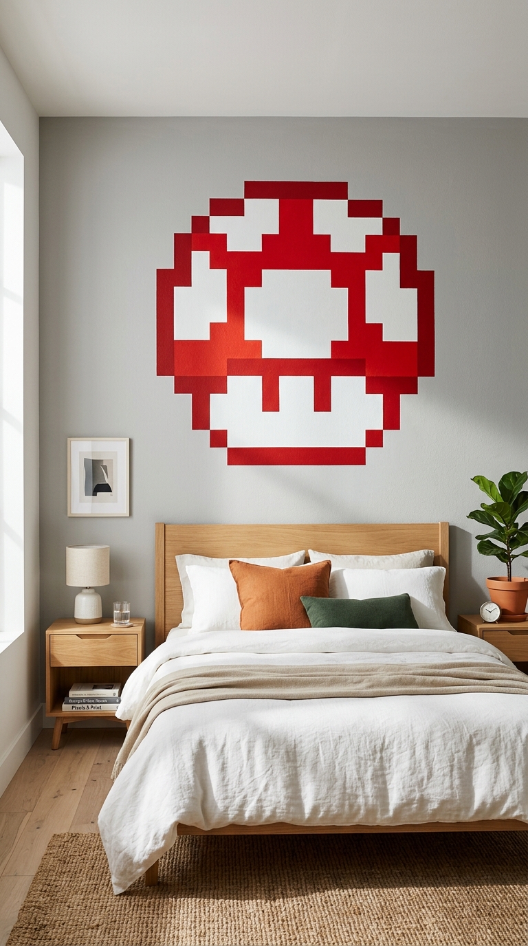 8-bit pixel mushroom accent wall in a Super Mario-themed bedroom