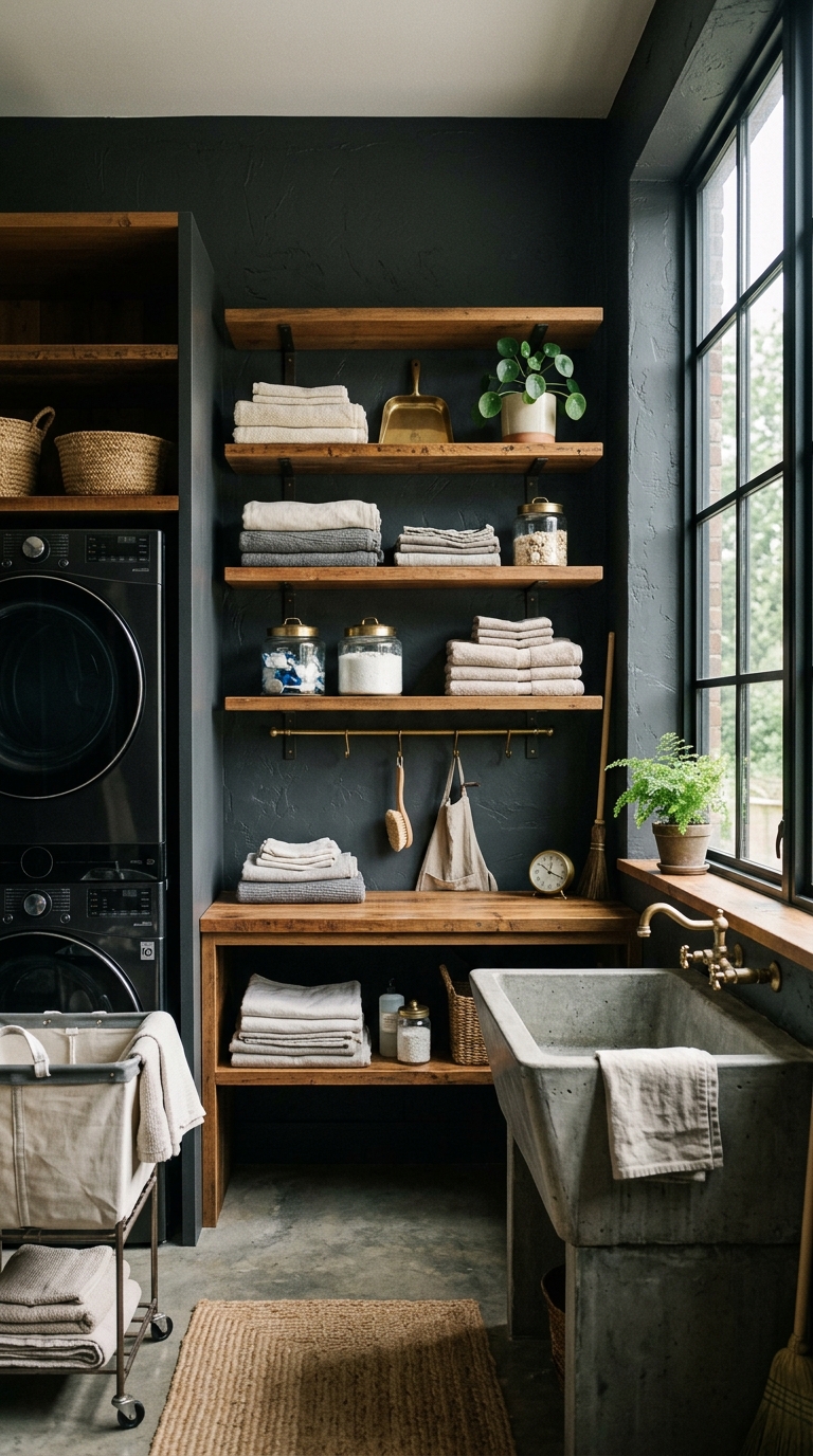Dark moody color palette idea for industrial laundry room