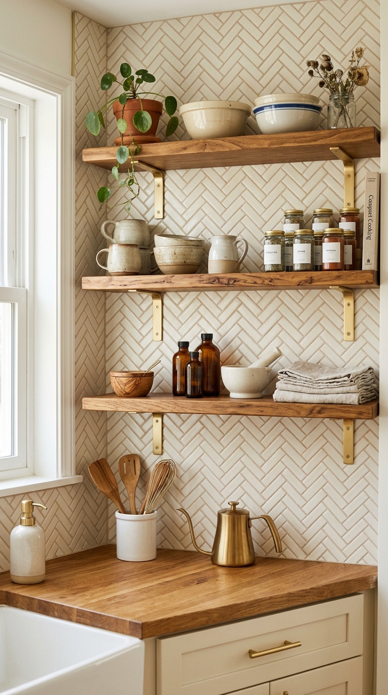 Mini herringbone tile backsplash in a small apartment kitchen
