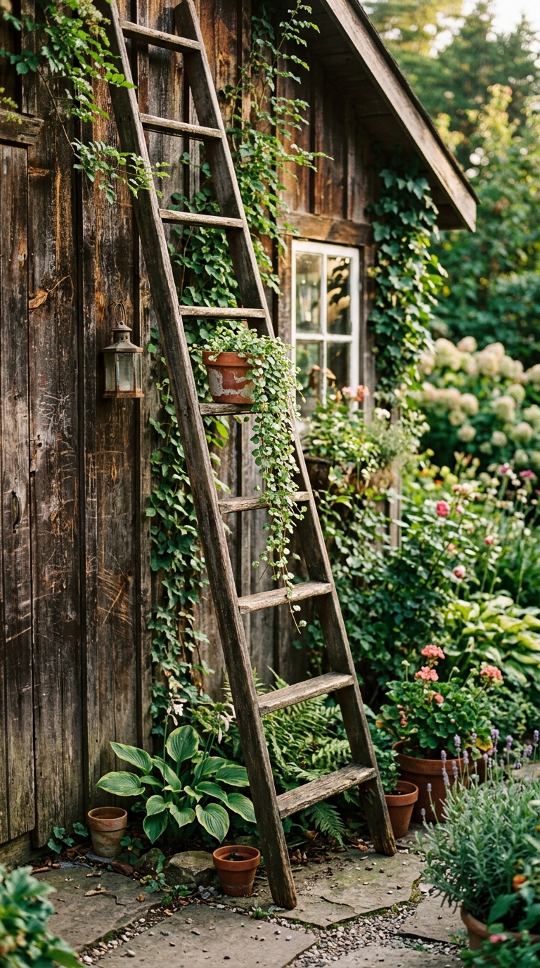 Secondhand vintage ladder used as garden art next to a shed
