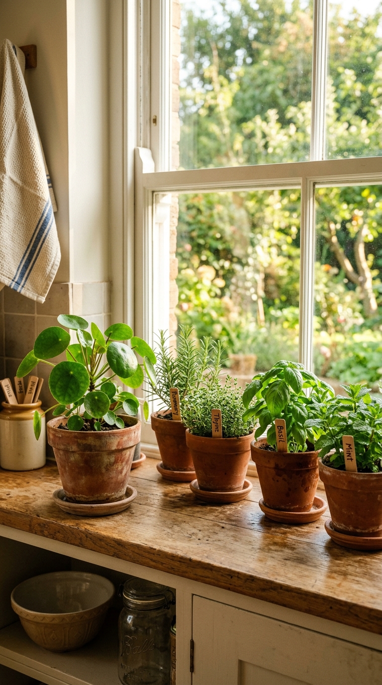 Money plant paired with fresh herbs on a sunny kitchen windowsill