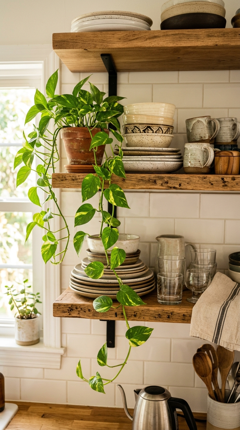 Money plant draped over an open kitchen cabinet shelf with dishware.