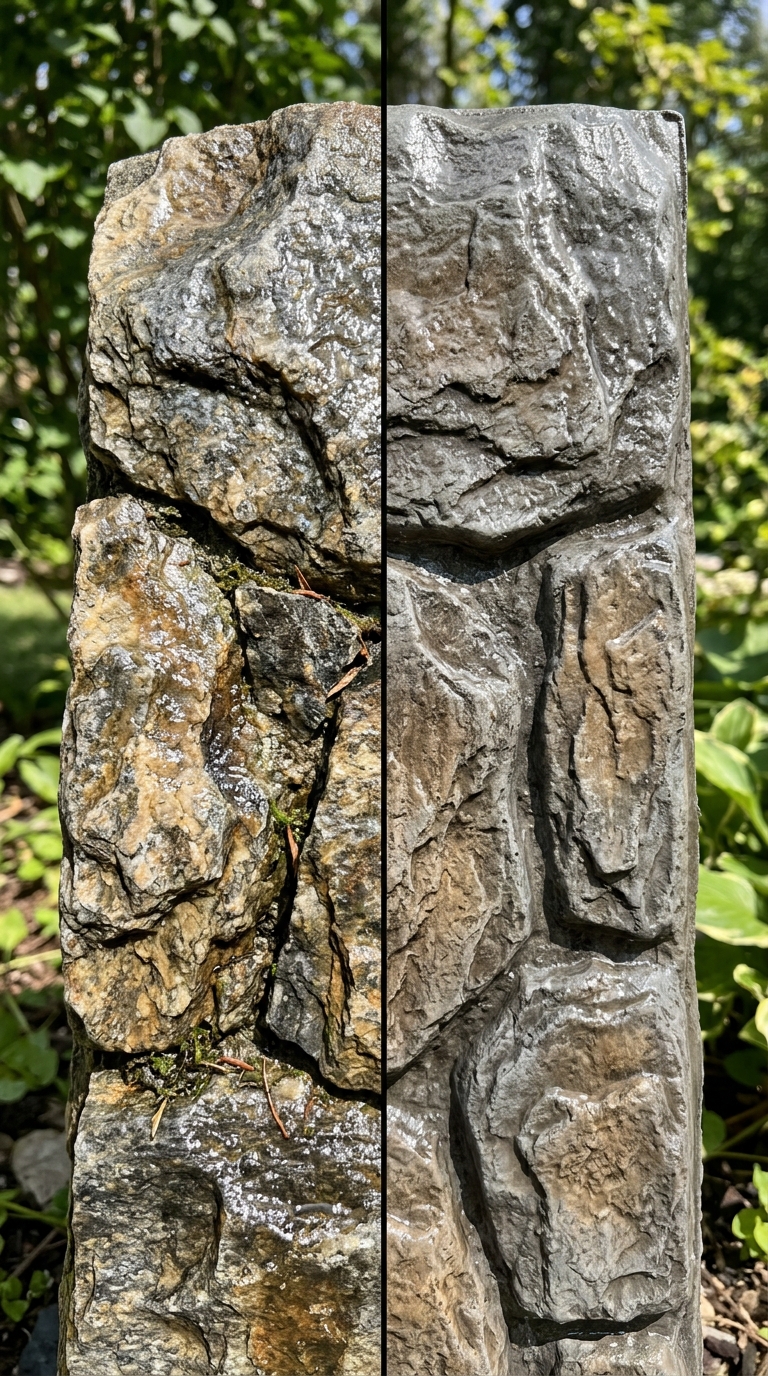 Comparison of faux rock and real natural stone finishes for pool design