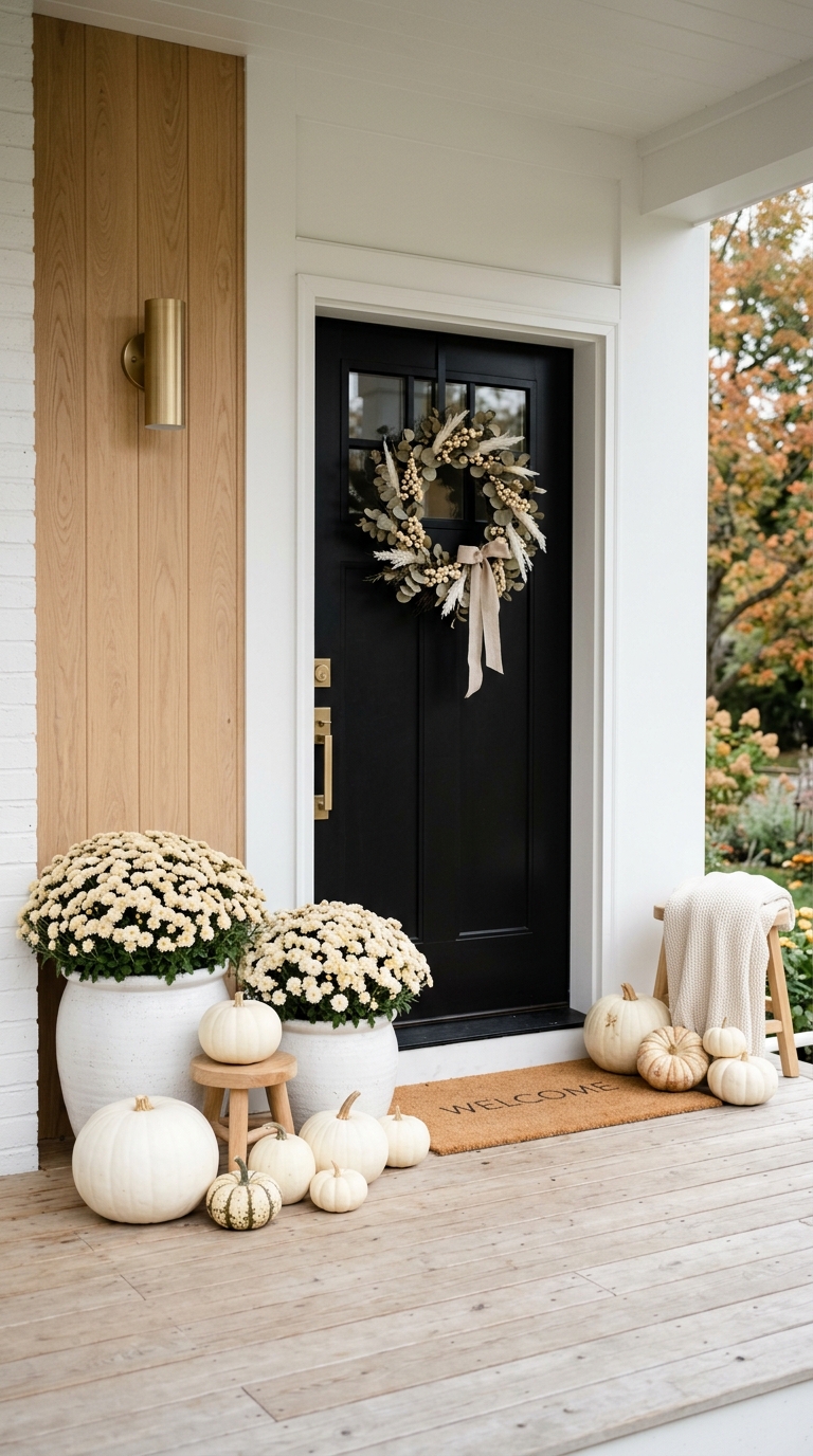 Neutral fall porch decor with white pumpkins and cream mums against a black front door.