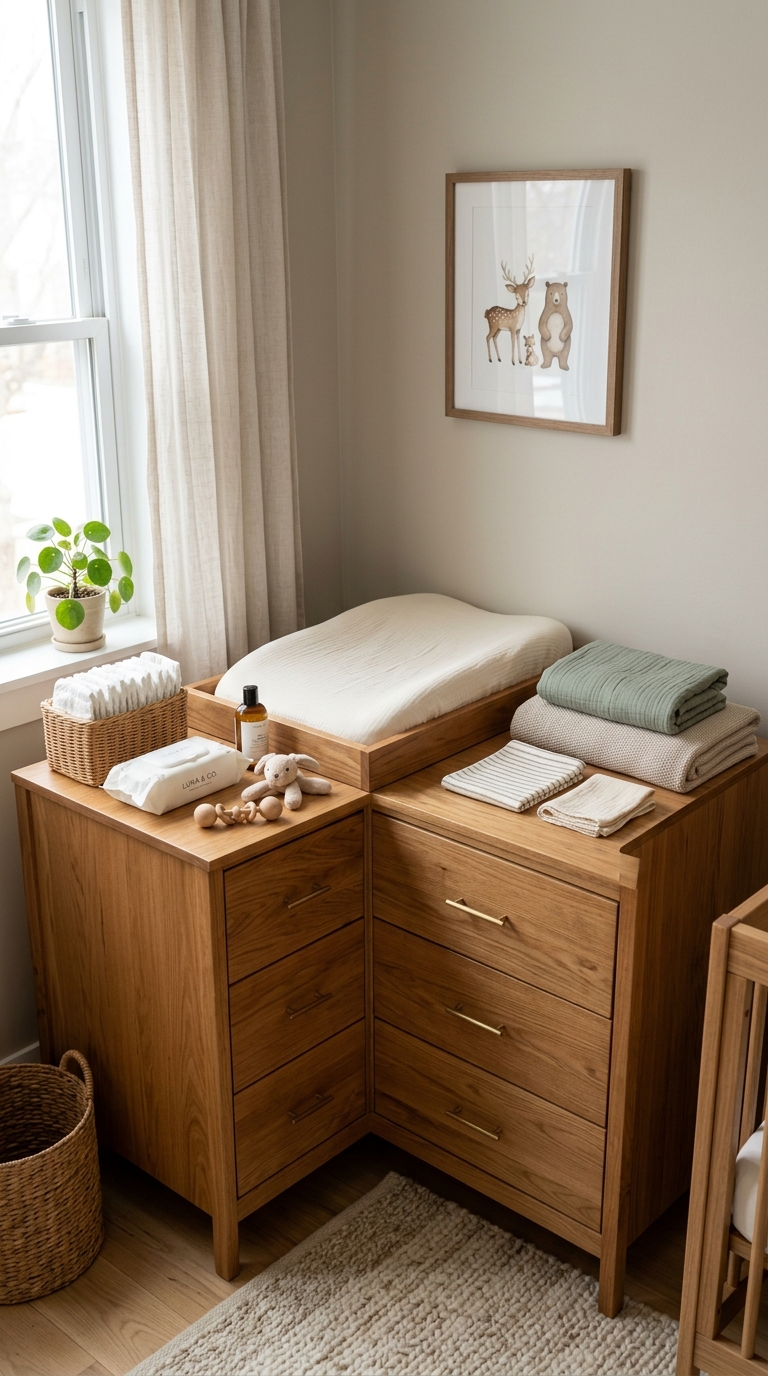Small nursery idea combining a dresser and changing table into one space-saving piece.