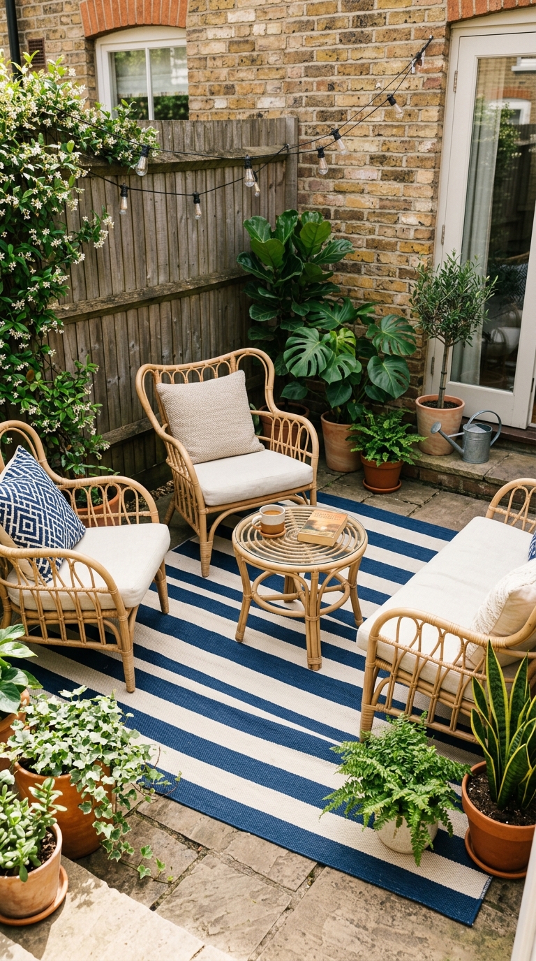 Statement outdoor rug idea for small patio design