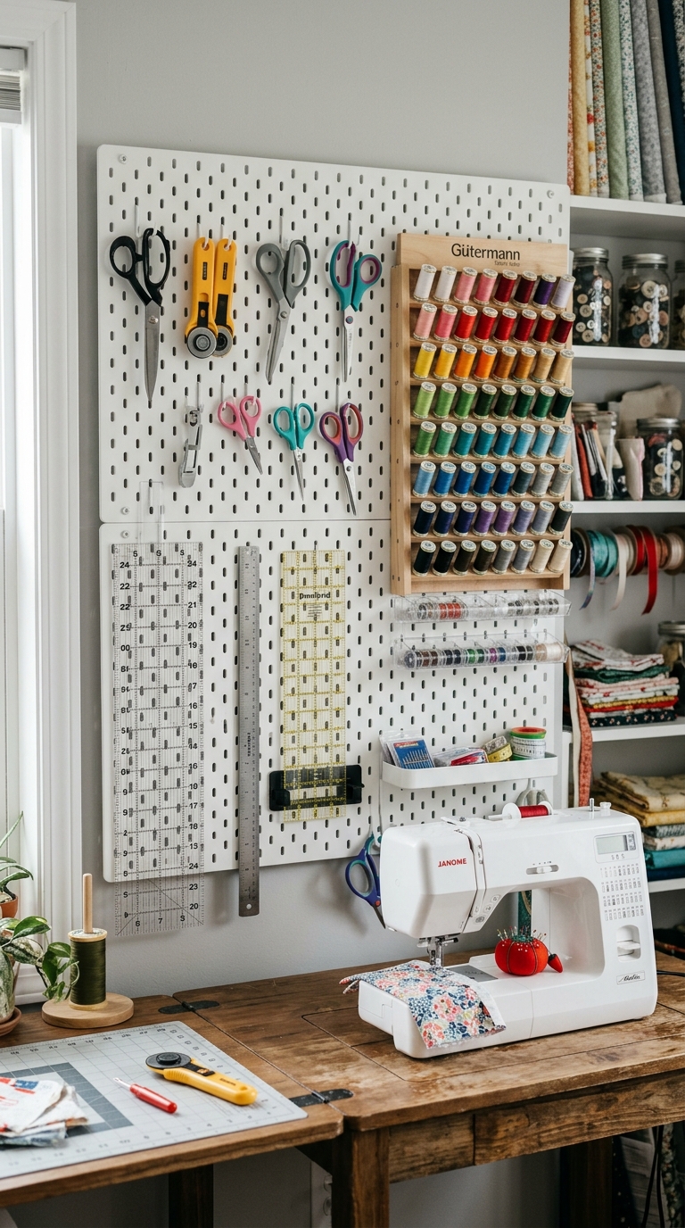 Pegboard wall storage for scissors and sewing tools in craft room