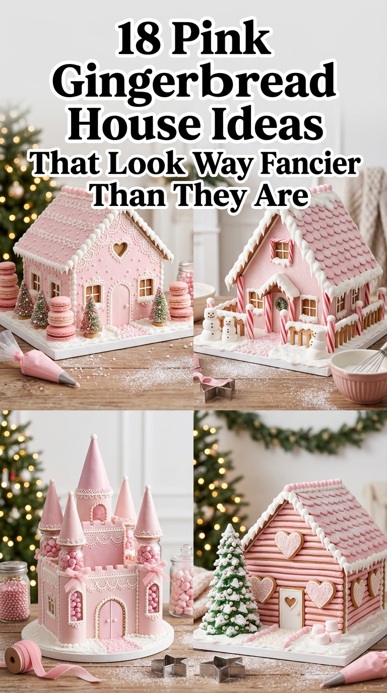 Pink gingerbread house ideas featuring elegant pastel Christmas cookie houses decorated with royal icing, candy, and festive holiday details