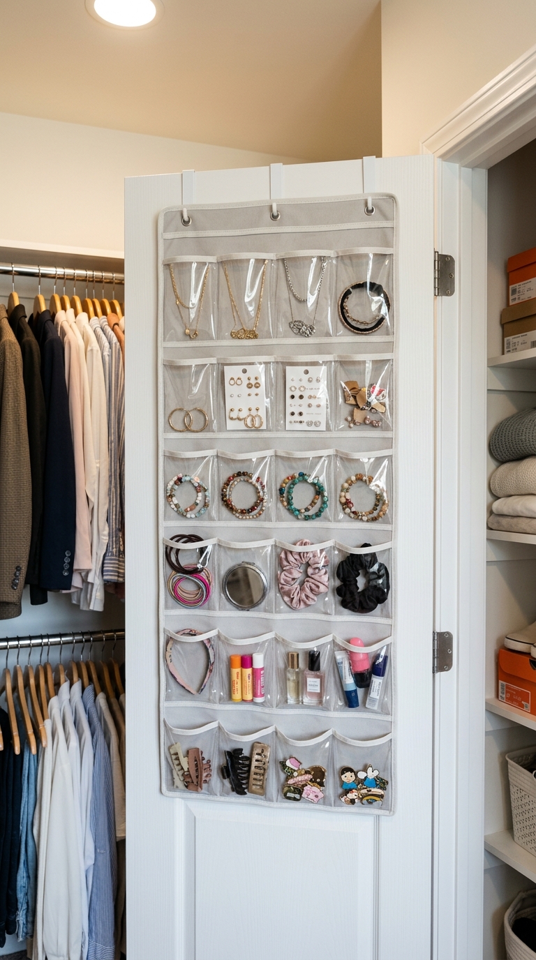 Closet door pocket organizer for small accessories