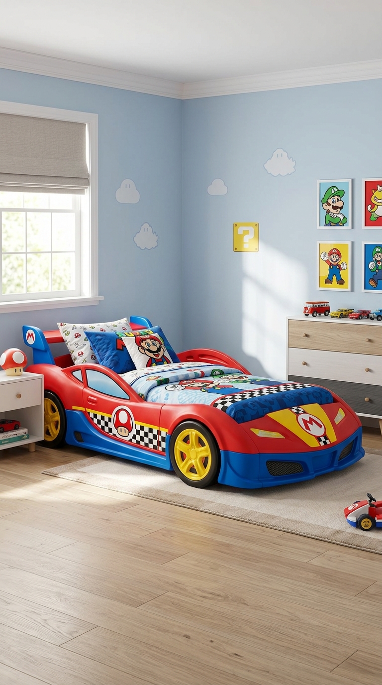 Race car shaped bed frame in a Mario Kart inspired kids bedroom