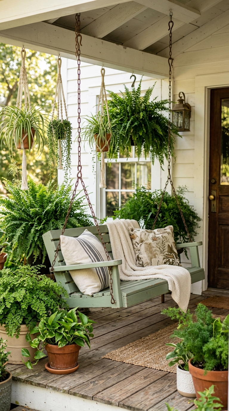 age green porch swing styled with plants for a farmhouse front porch