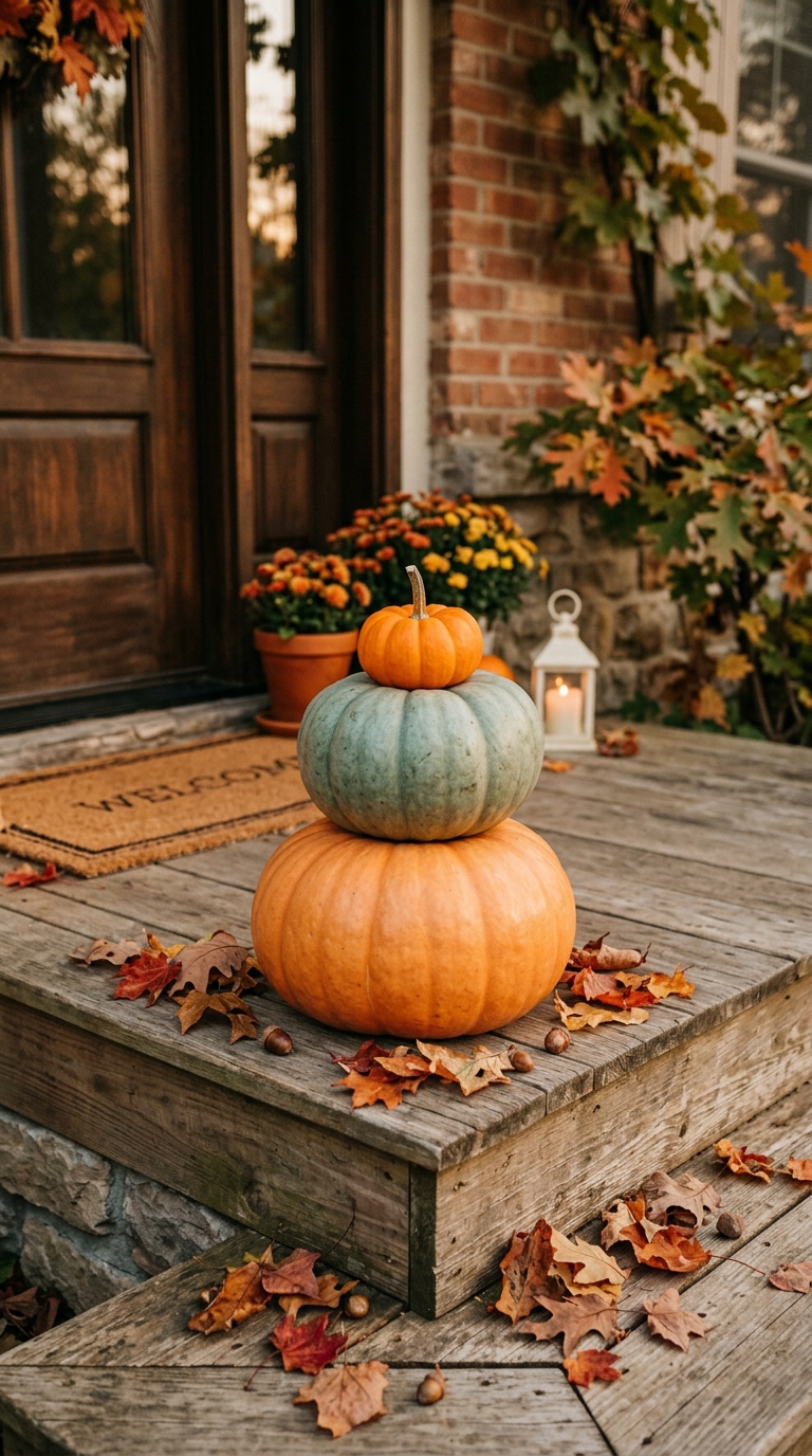 Stacked pumpkins styled on small fall front porch steps.