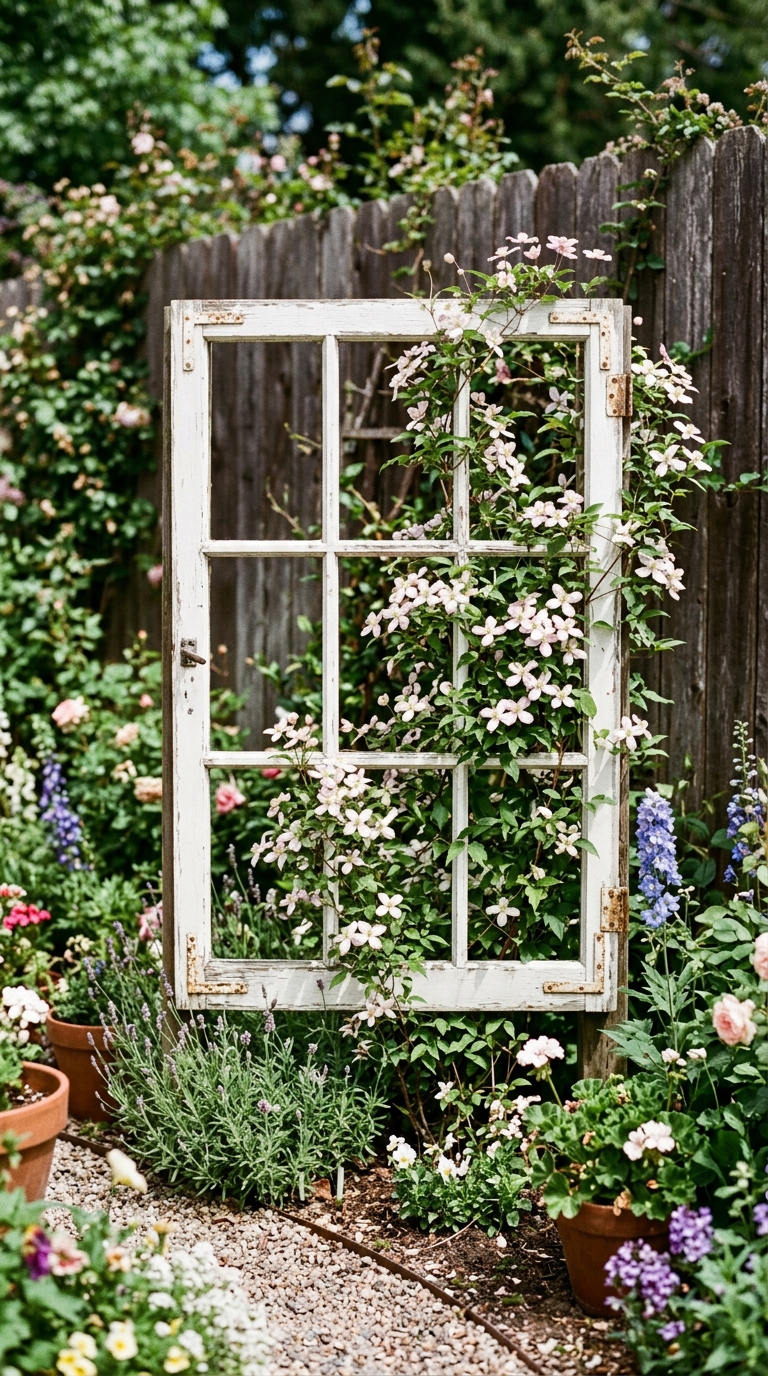 Repurposed window frame used as a vintage garden trellis