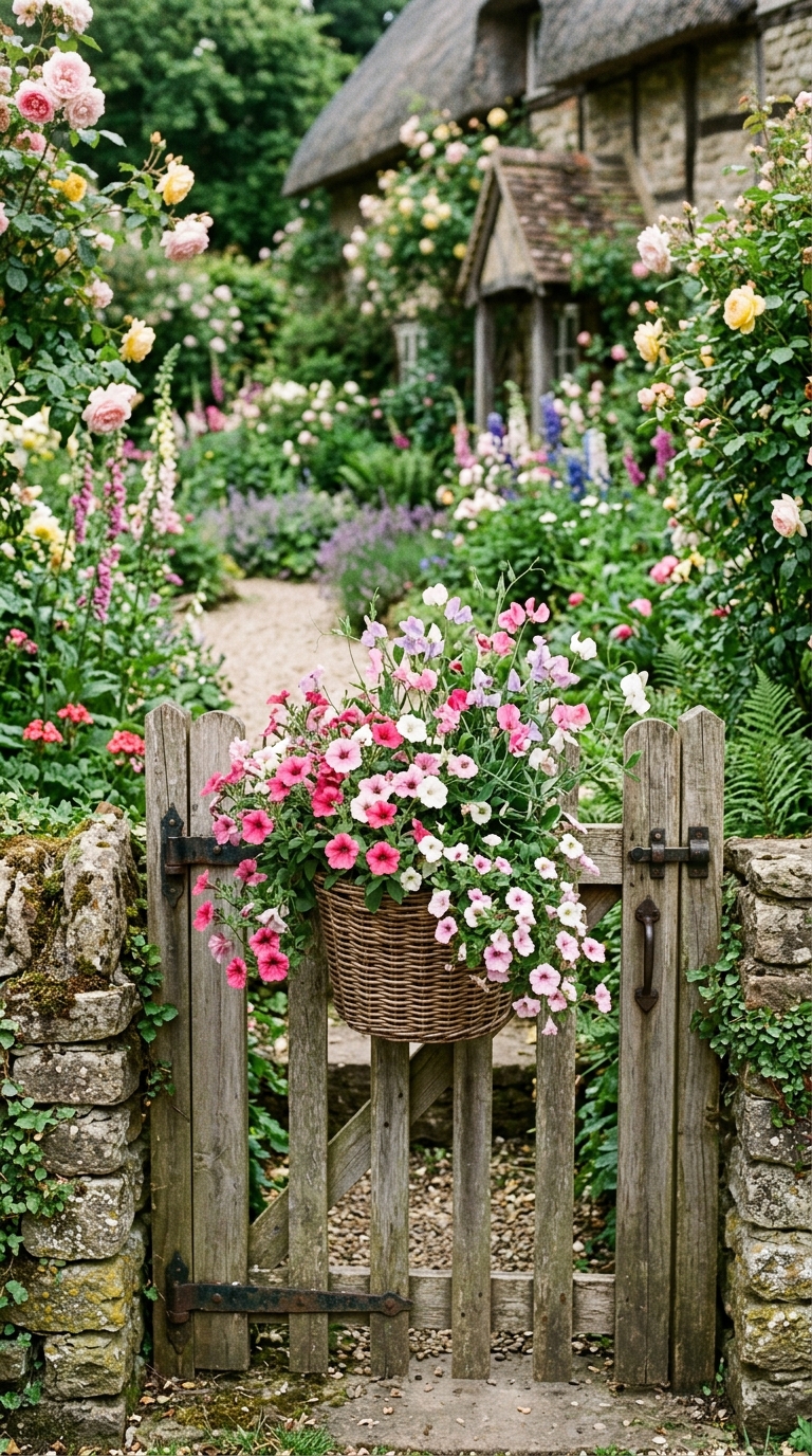 Garden gate idea with a built-in flower basket for instant curb appeal