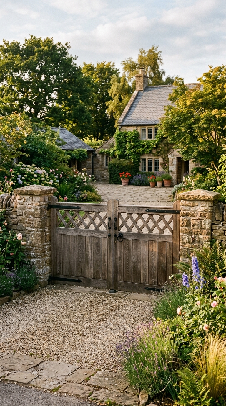 Driveway garden gate idea with privacy paneling and lattice top