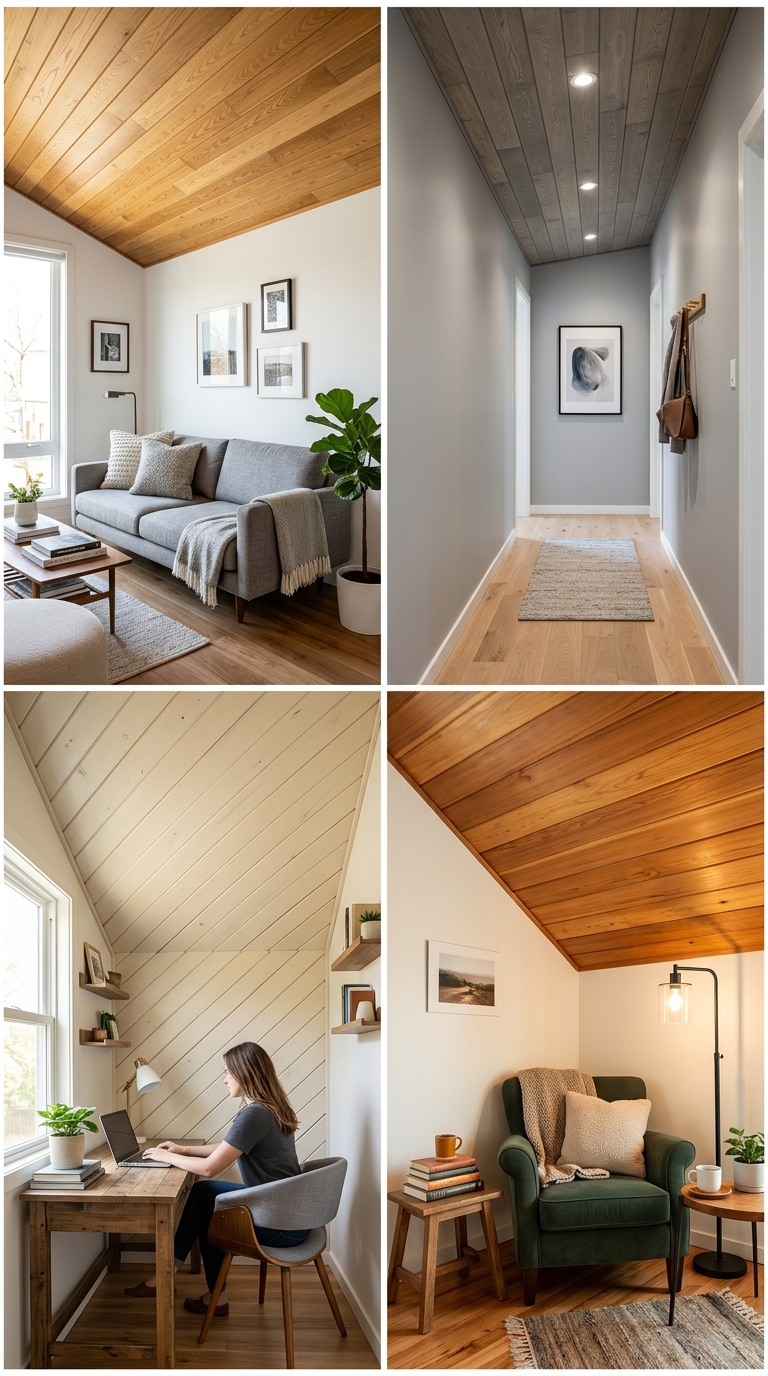 Small studio apartment with a wood plank ceiling installed at a 45-degree angle to create the illusion of more space.