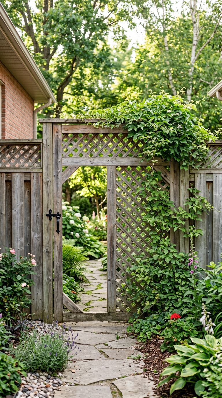 Living vine-covered side yard gate idea that softens a privacy fence look