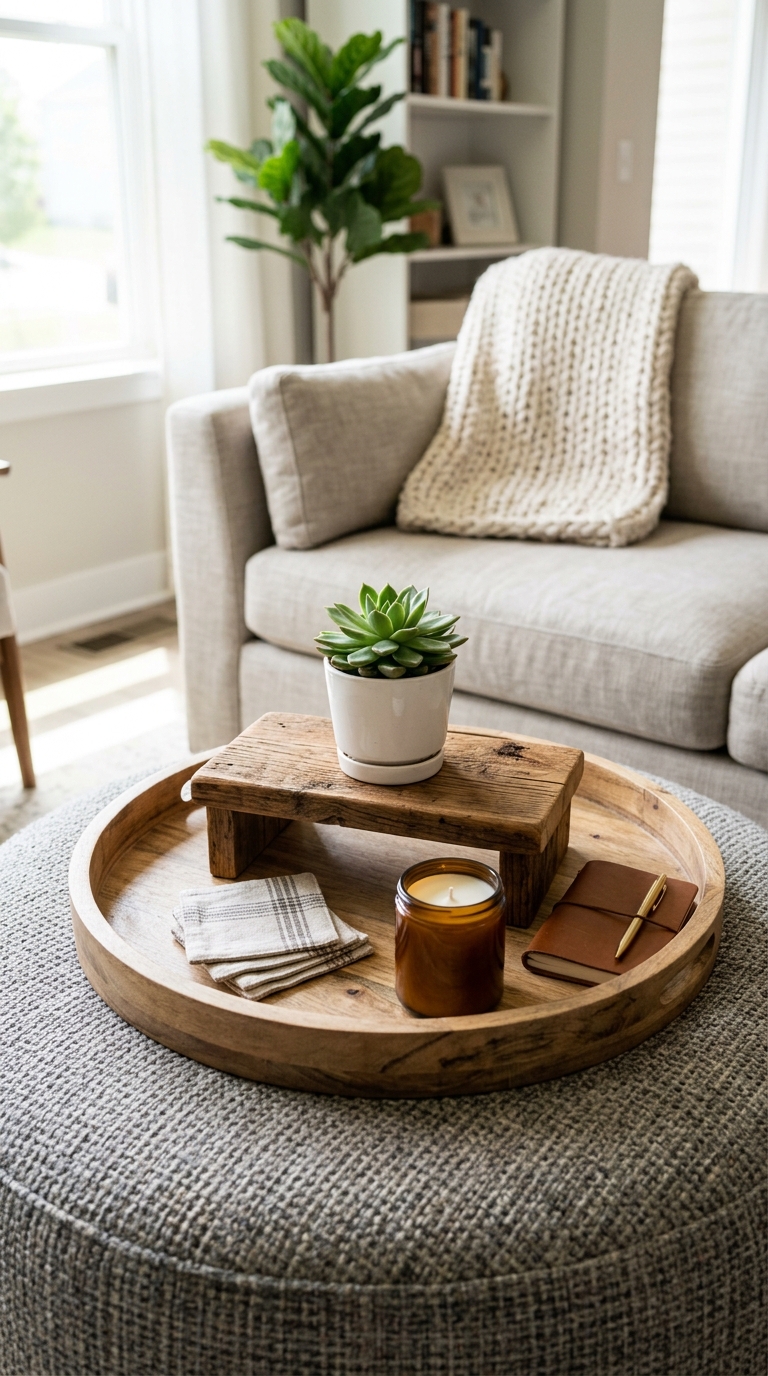 Wooden riser board styled on an ottoman coffee table tray for added height