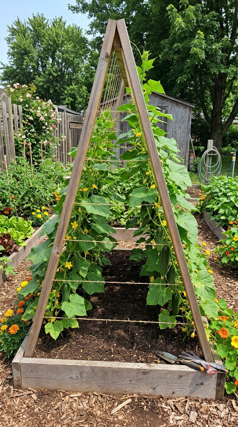 DIY A-frame trellis for cucumber and squash vertical growing