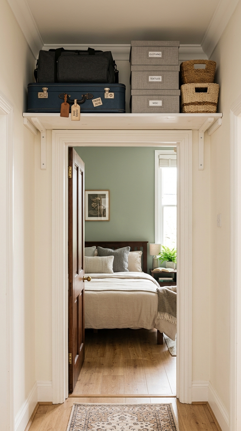 Storage shelf installed above bedroom doorway