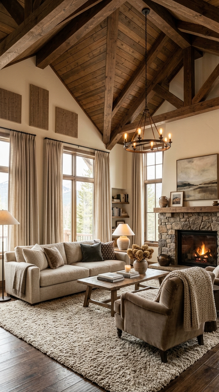 Cozy vaulted ceiling great room styled with rugs and textiles for acoustics