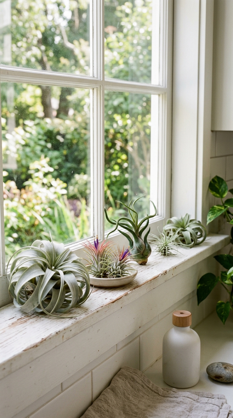 Air plants displayed on a kitchen window ledge without soil
