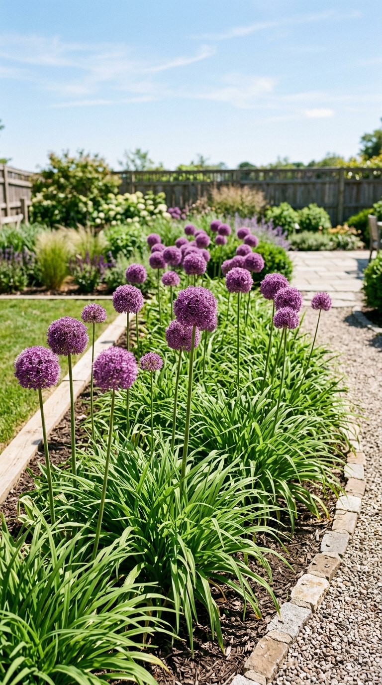 Purple allium flowers planted as tall companion plants with daylilies