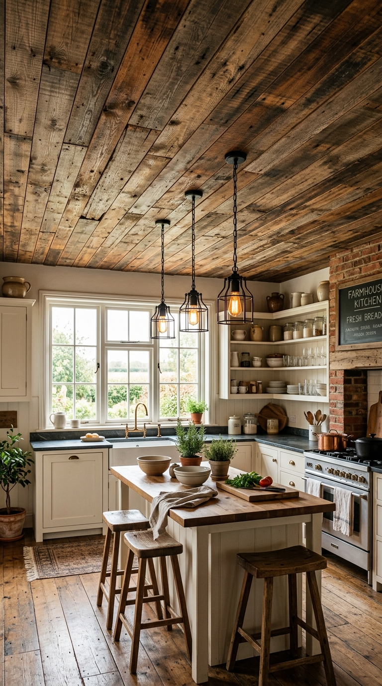 Salvaged pallet wood ceiling with weathered texture in a farmhouse kitchen