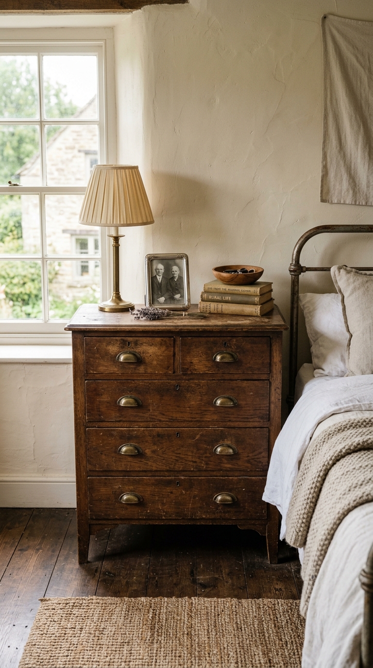 Antique wood dresser repurposed for storage in a farmhouse bedroom