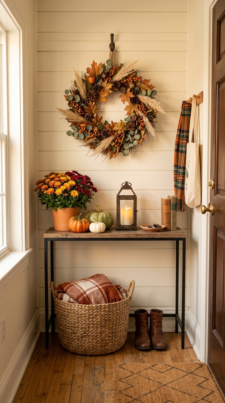 Small apartment entry styled with fall wreath and compact planter