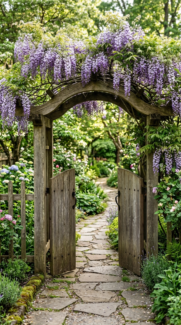 Arbor-topped garden gate idea with climbing wisteria for vertical interest