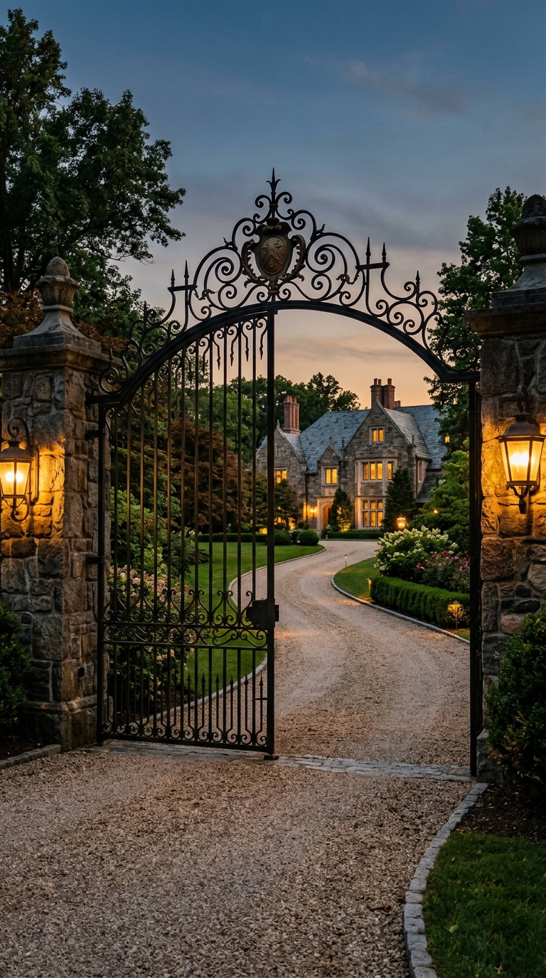 Arched entrance driveway gate with elegant iron design