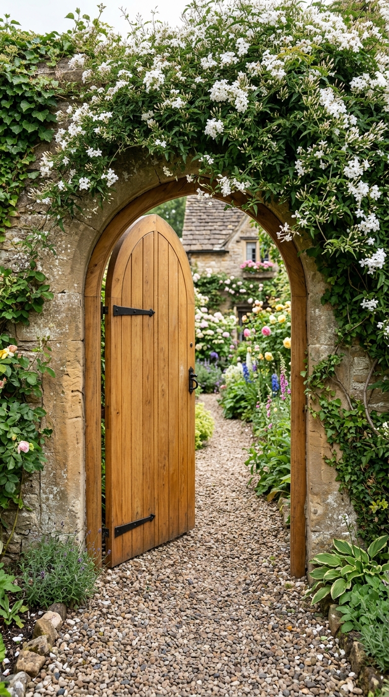 Arched wooden garden gate idea with climbing jasmine for a cottage-style entrance