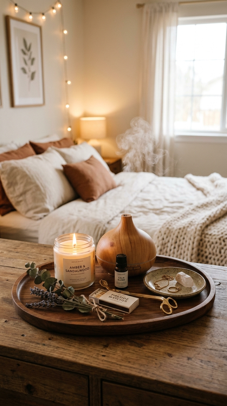 Cozy scented candle and diffuser corner styled on a bedroom dresser tray