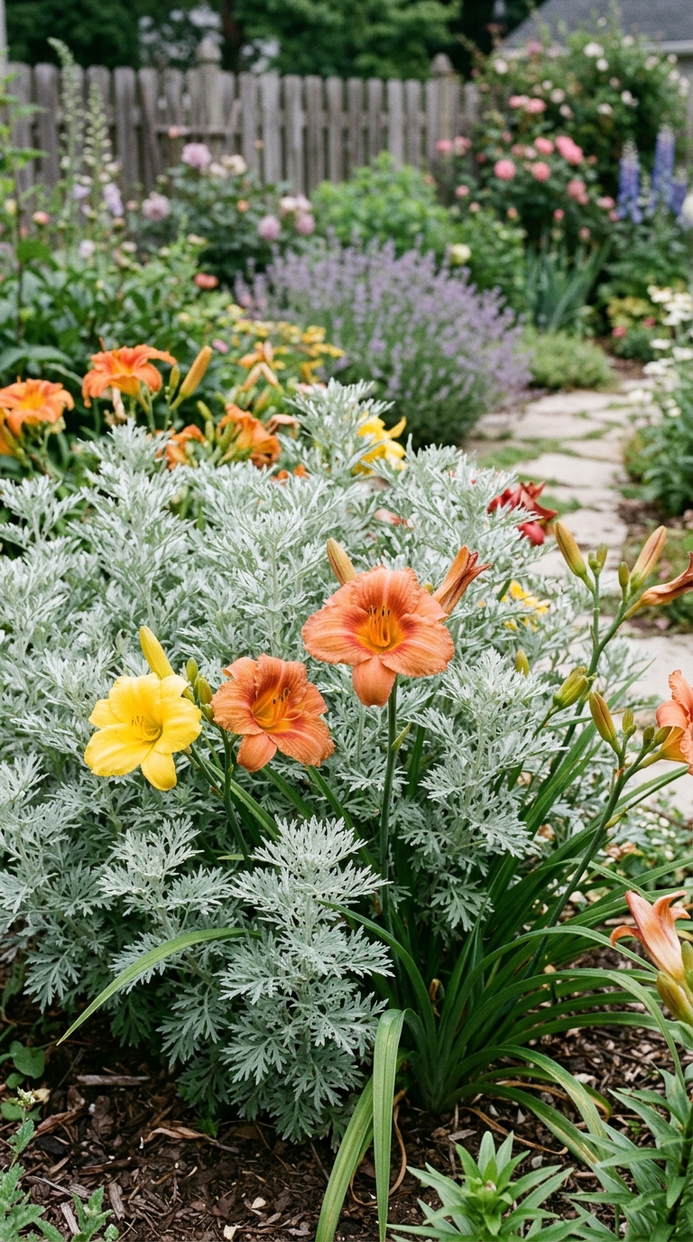 Silver artemisia planted as a foliage companion between daylily colors