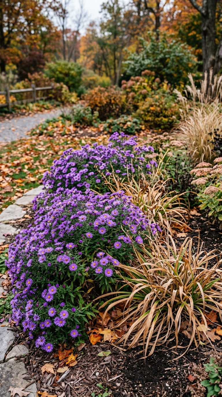 Purple asters planted as a fall-blooming companion to daylilies