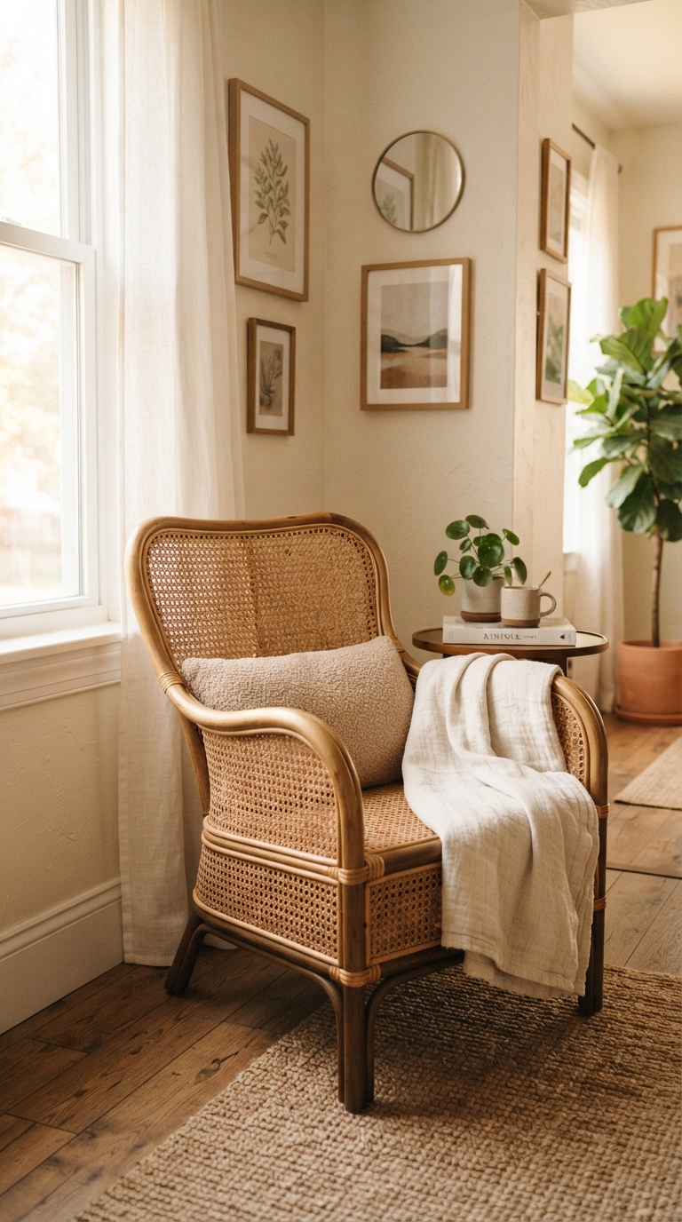 Rattan accent chair styled with a throw blanket in a fall living room