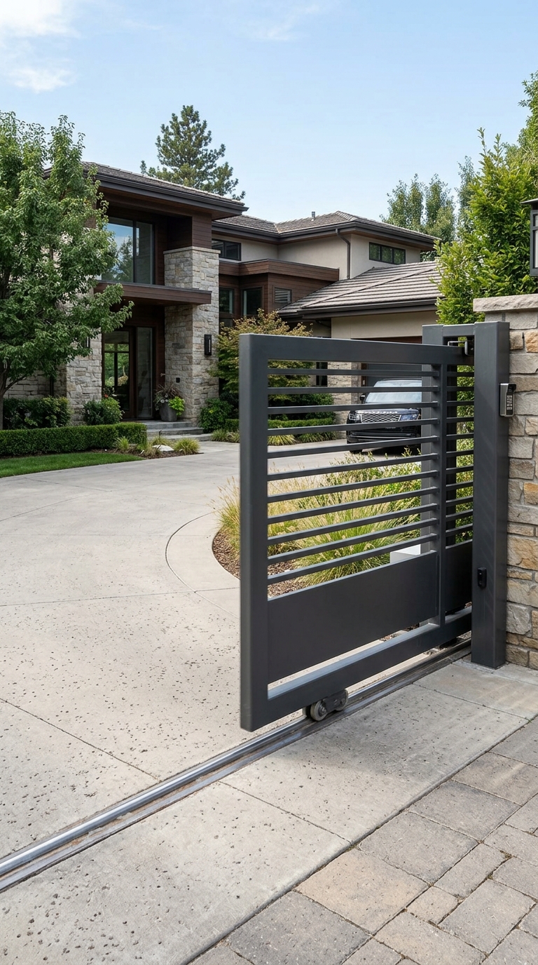 Automatic sliding driveway gate with steel track