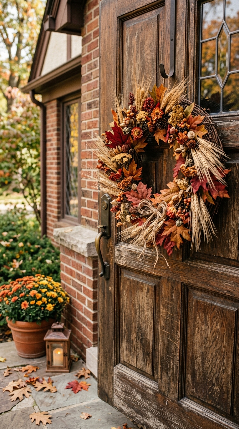 Autumn wreath with wheat stalks and maple leaves hanging on a front door for fall decor.