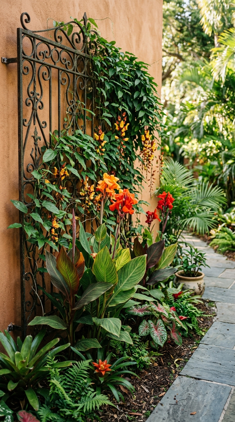 Small tropical garden bed with trellis backdrop and climbing canna lilies