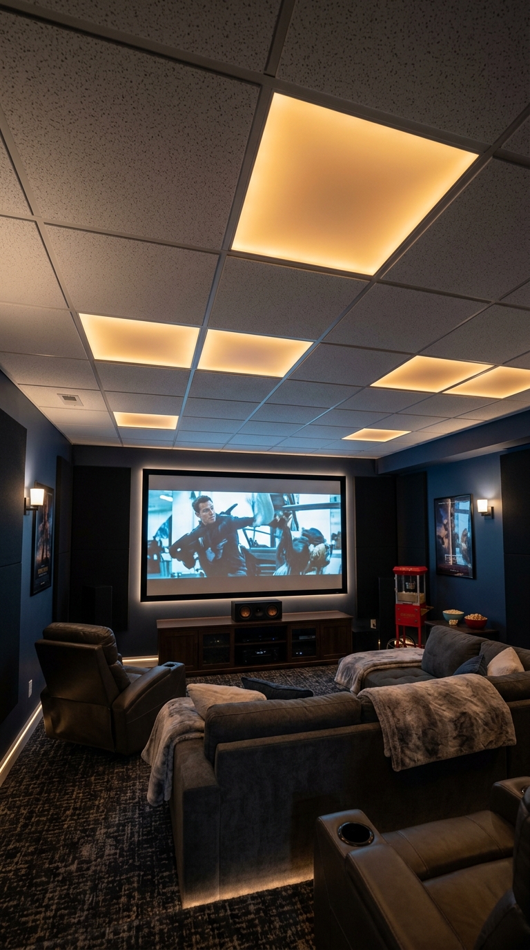 Backlit acrylic drop ceiling panels glowing in a basement theater room