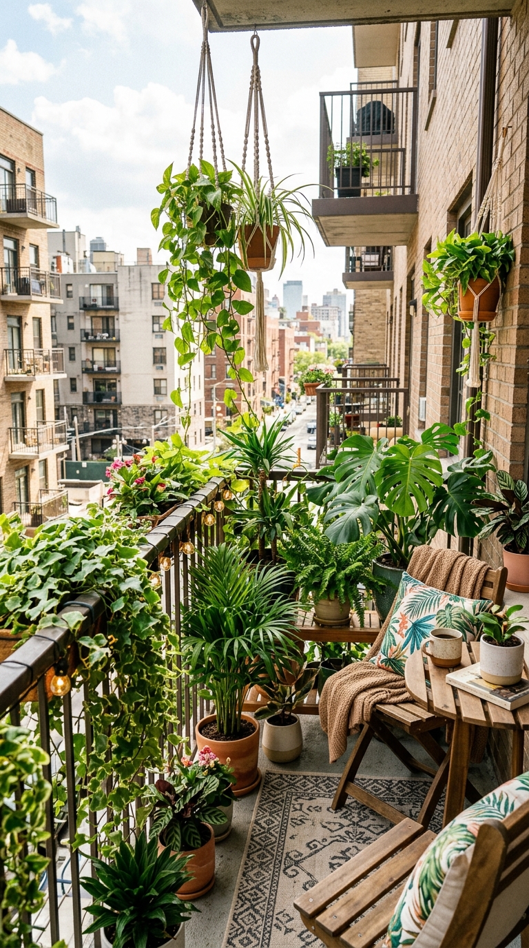 Small apartment balcony transformed into a tropical garden retreat