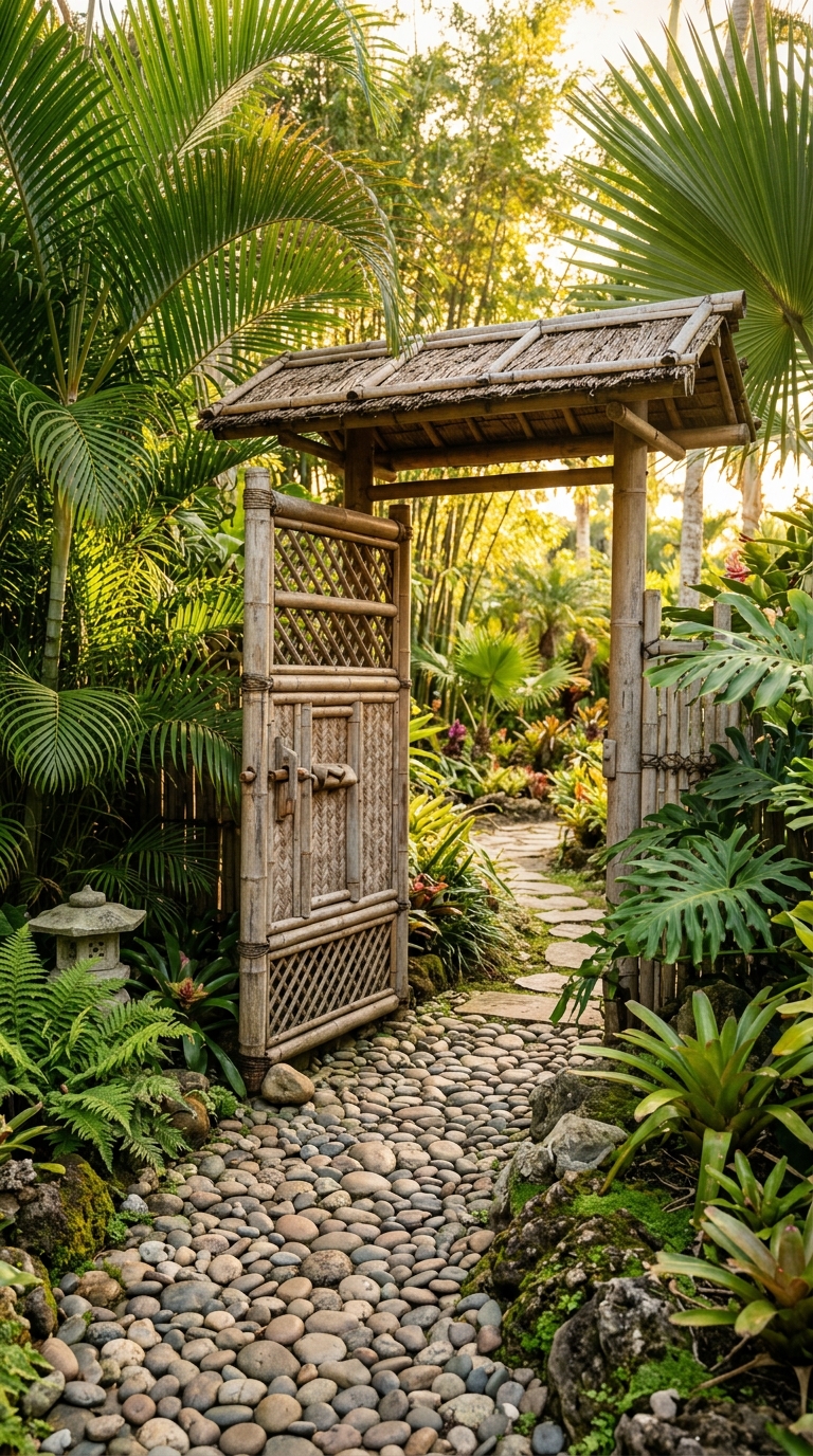 Bamboo garden gate idea for a zen or coastal-style backyard entrance